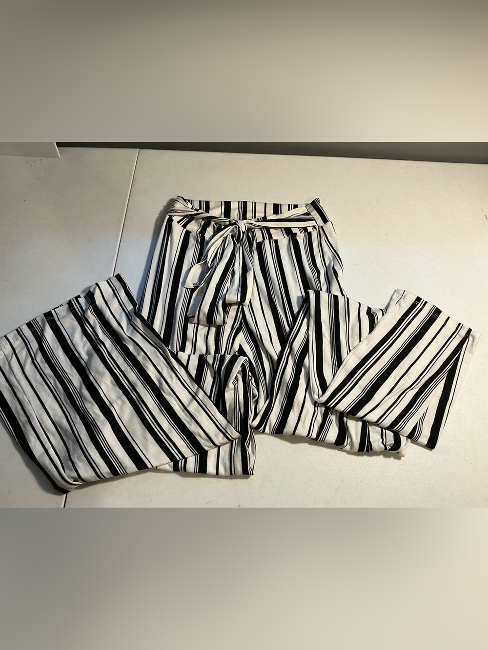 Windsor Black & White Vertical Stripe Tie-Waist Wide Leg Pants